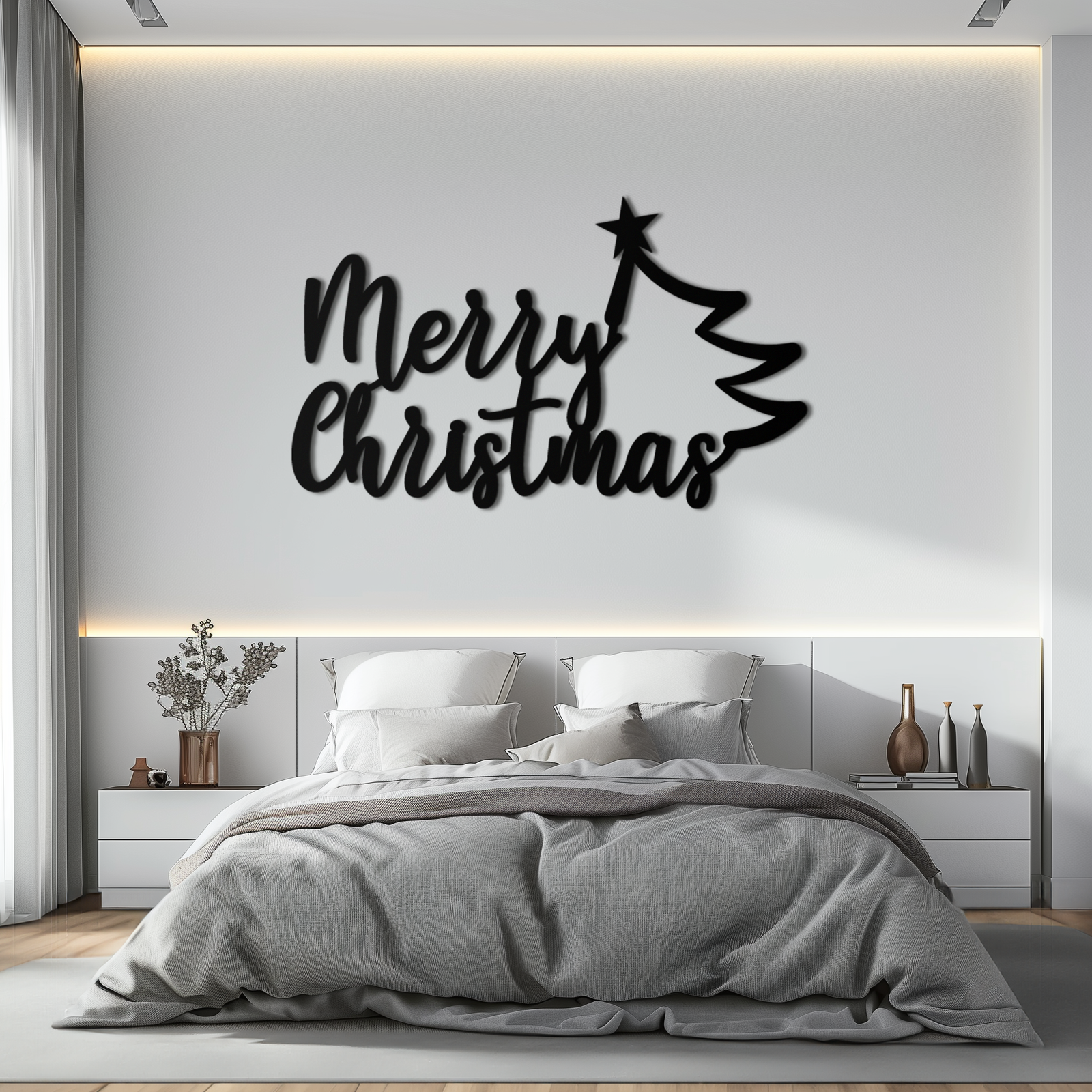 Neşeli Noel Ağacı Metal Duvar Sanatı - Tatil Sezonu Yazısı Çelik Dekor- KAF316