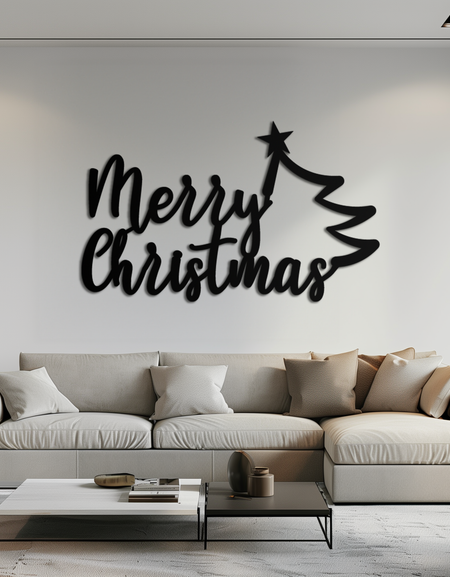 Neşeli Noel Ağacı Metal Duvar Sanatı - Tatil Sezonu Yazısı Çelik Dekor- KAF316