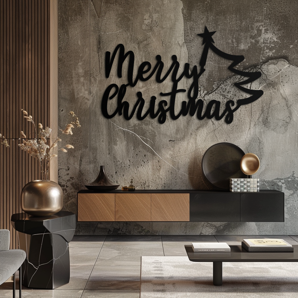 Neşeli Noel Ağacı Metal Duvar Sanatı - Tatil Sezonu Yazısı Çelik Dekor- KAF316