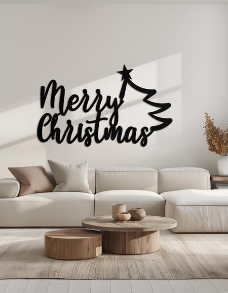 Neşeli Noel Ağacı Metal Duvar Sanatı - Tatil Sezonu Yazısı Çelik Dekor- KAF316