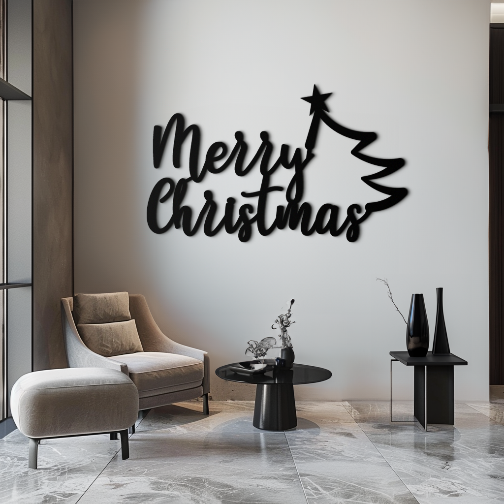 Neşeli Noel Ağacı Metal Duvar Sanatı - Tatil Sezonu Yazısı Çelik Dekor- KAF316