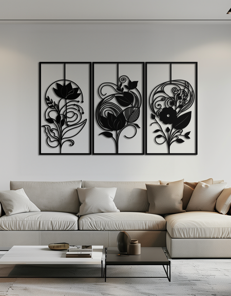 Floral Panel Trio Metal Wall Art - Elegant Black Botanical Wall Decor Set- KAF317