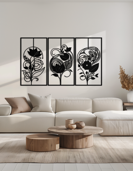 Floral Panel Trio Metal Wall Art - Elegant Black Botanical Wall Decor Set- KAF317