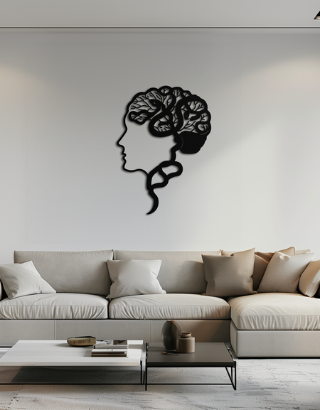 Beyin Ağacı Metal Duvar Sanatı - Soyut Kadın Başı Silüeti Çelik Dekor- KAF318