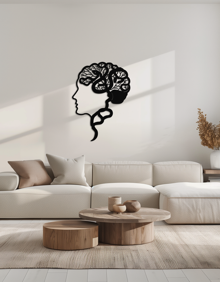 Beyin Ağacı Metal Duvar Sanatı - Soyut Kadın Başı Silüeti Çelik Dekor- KAF318