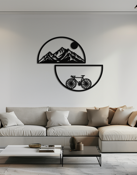 Dağ Manzarası Metal Duvar Sanatı - Yarım Daire Bisiklet ve Manzara Silüeti Dekoru- KAF321
