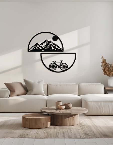 Dağ Manzarası Metal Duvar Sanatı - Yarım Daire Bisiklet ve Manzara Silüeti Dekoru- KAF321