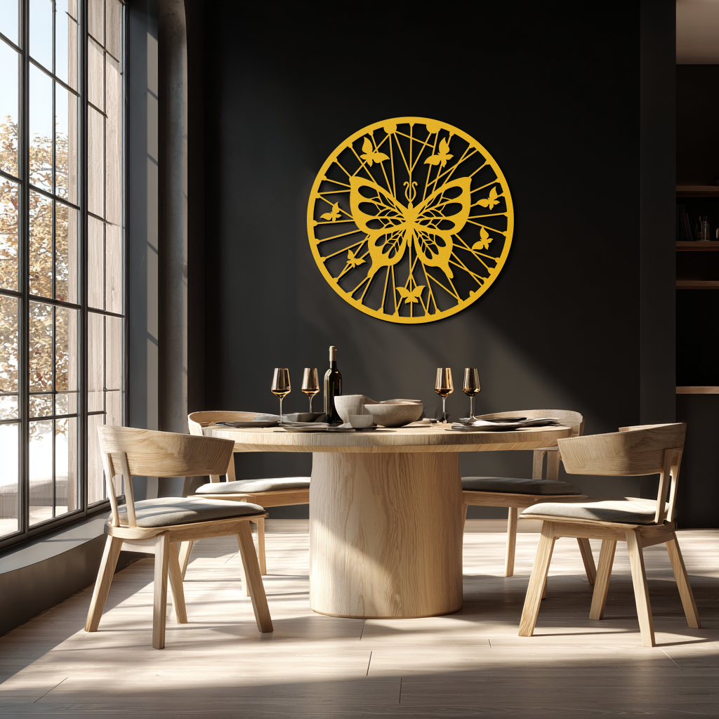 Butterfly Mandala Round Metal Wall Art - Elegant Circle Butterfly Silhouette for Home Decor- KAF322