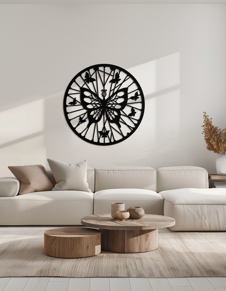 Kelebek Mandala Yuvarlak Metal Duvar Sanatı - Ev Dekorasyonu İçin Zarif Daire Kelebek Silüeti - KAF322