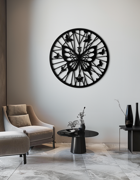 Kelebek Mandala Yuvarlak Metal Duvar Sanatı - Ev Dekorasyonu İçin Zarif Daire Kelebek Silüeti - KAF322