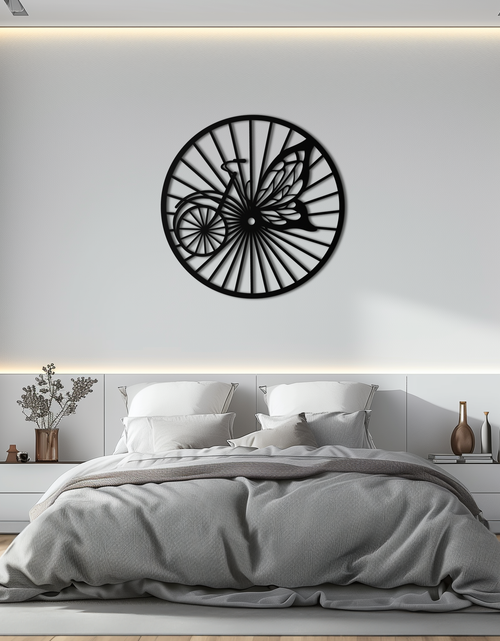 Load image into Gallery viewer, Butterfly Wheel Bicycle Silhouette Metal Wall Art - Elegant Round Nature-Inspired Decor- KAF323
