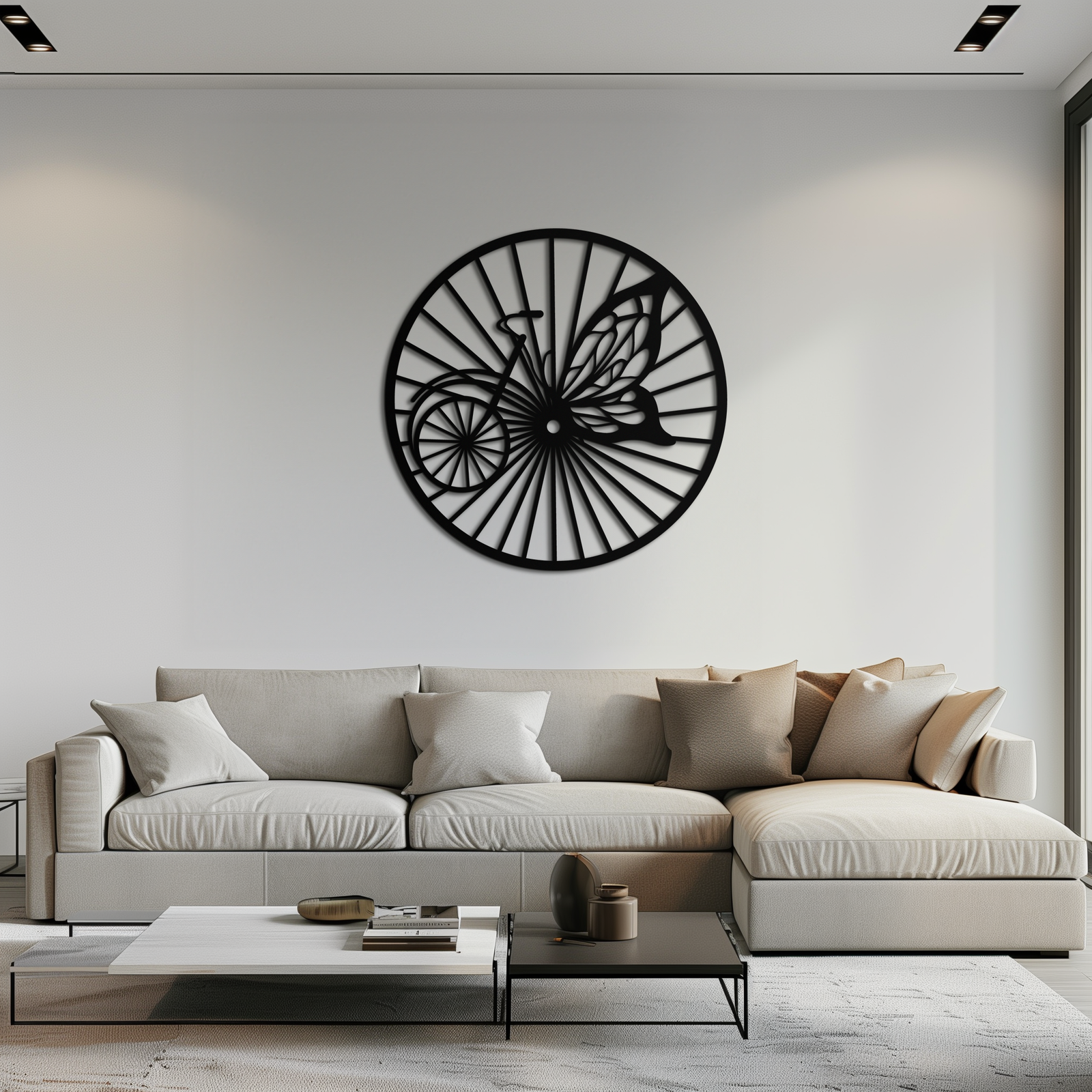 Butterfly Wheel Bicycle Silhouette Metal Wall Art - Elegant Round Nature-Inspired Decor- KAF323