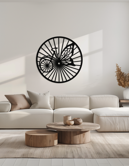 Kelebek Tekerlek Bisiklet Silüeti Metal Duvar Sanatı - Zarif Yuvarlak Doğa Esintili Dekor- KAF323