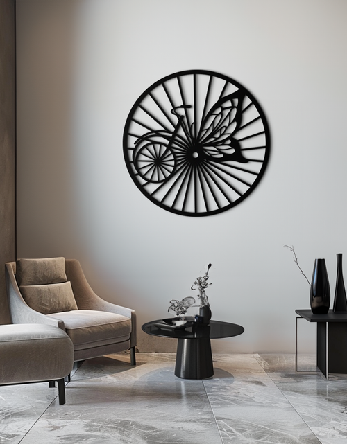 Load image into Gallery viewer, Butterfly Wheel Bicycle Silhouette Metal Wall Art - Elegant Round Nature-Inspired Decor- KAF323
