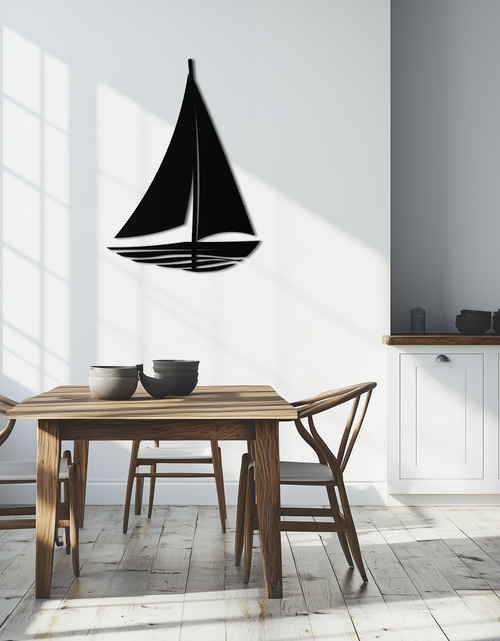 Resmi Galeri görüntüleyicisine yükleyin, Denizci Yelkenli Siluet Metal Duvar Sanatı – Minimalist Okyanus Esintili Çelik Dekor- KAF326
