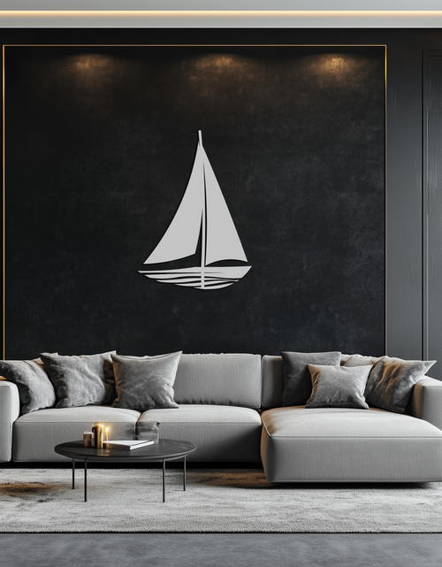 Resmi Galeri görüntüleyicisine yükleyin, Denizci Yelkenli Siluet Metal Duvar Sanatı – Minimalist Okyanus Esintili Çelik Dekor- KAF326
