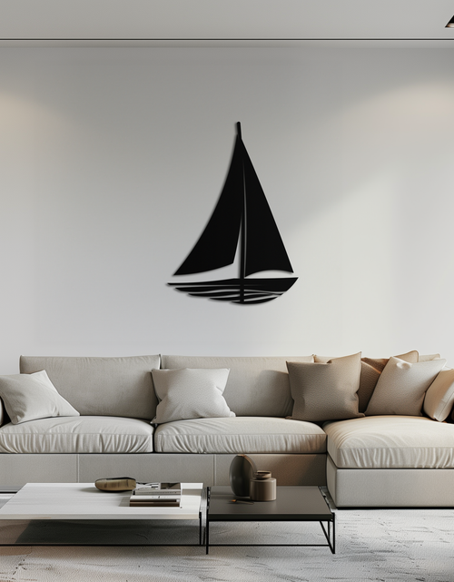 Resmi Galeri görüntüleyicisine yükleyin, Denizci Yelkenli Siluet Metal Duvar Sanatı – Minimalist Okyanus Esintili Çelik Dekor- KAF326
