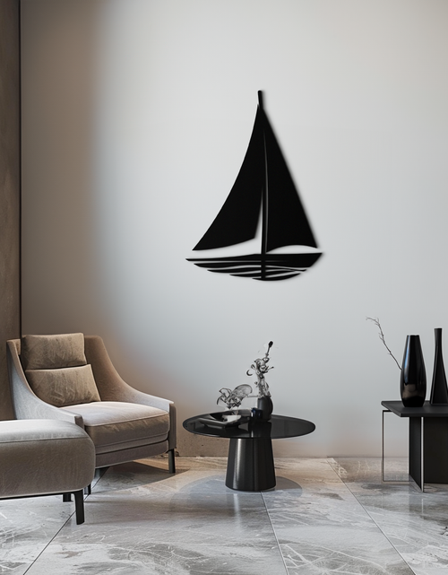 Resmi Galeri görüntüleyicisine yükleyin, Denizci Yelkenli Siluet Metal Duvar Sanatı – Minimalist Okyanus Esintili Çelik Dekor- KAF326
