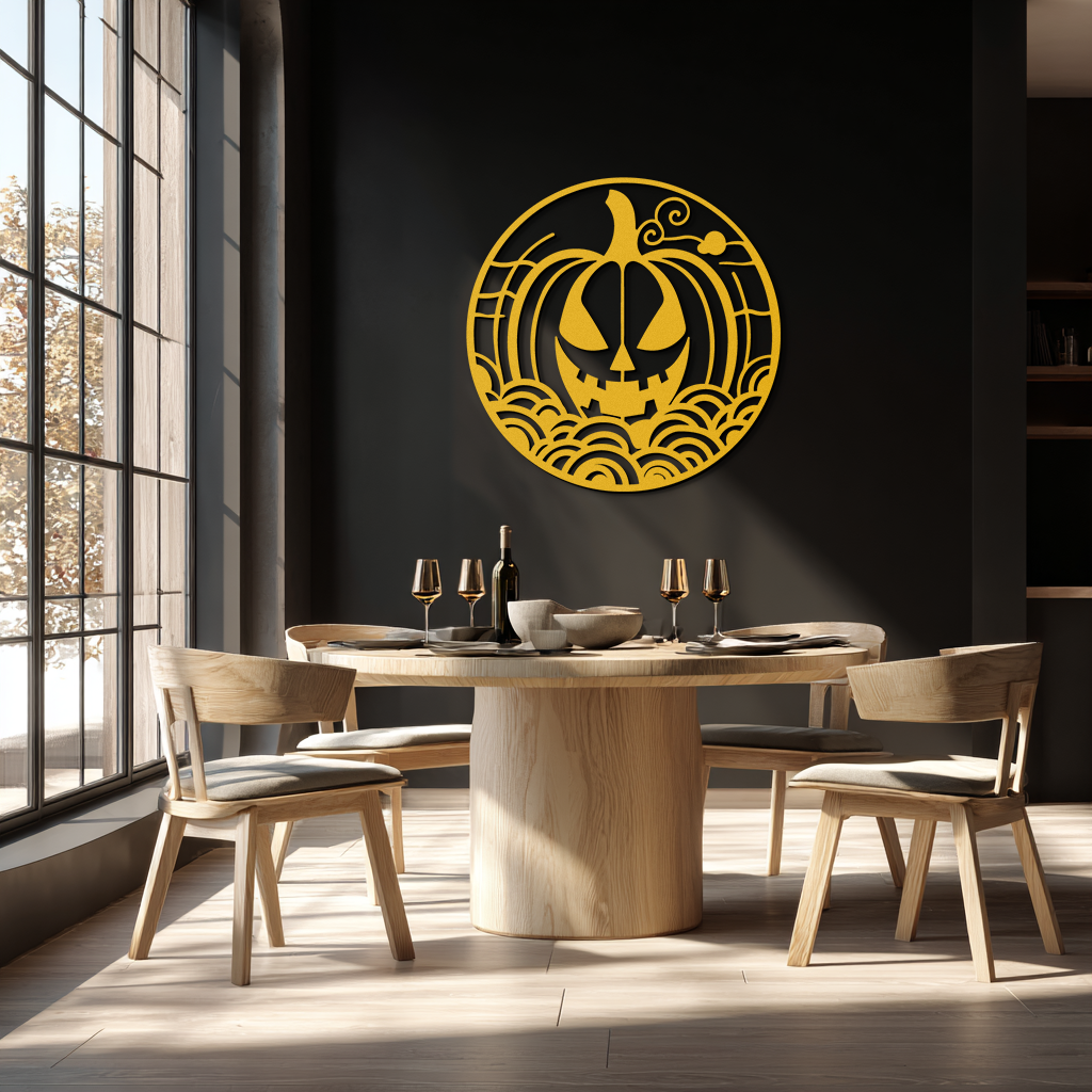 Pumpkin Halloween Silhouette Metal Wall Art – Spooky Round Black Decor- KAF327