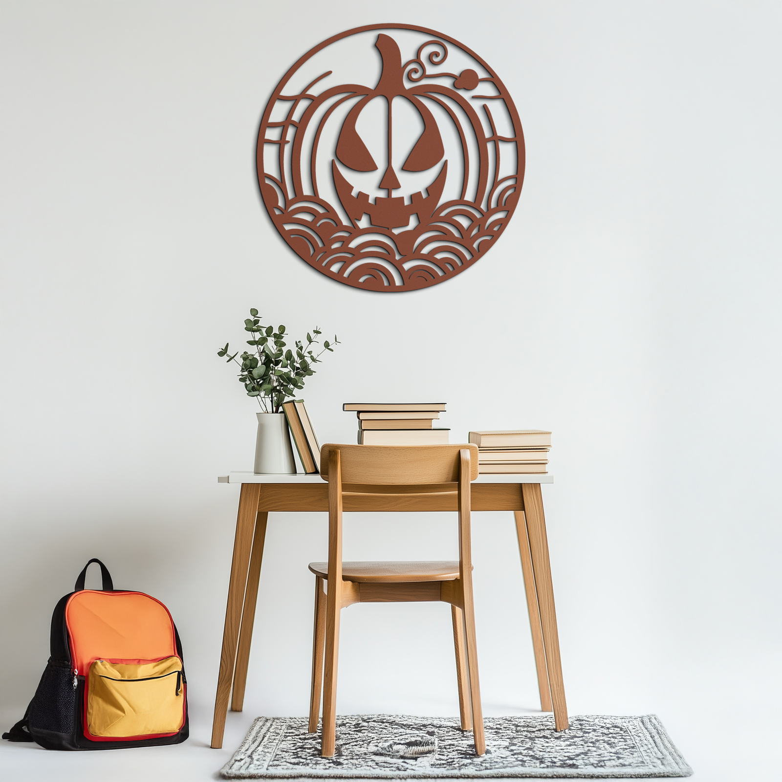 Pumpkin Halloween Silhouette Metal Wall Art – Spooky Round Black Decor- KAF327