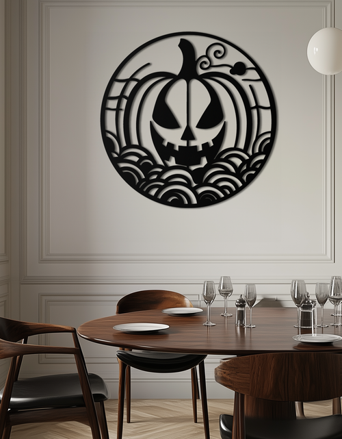 Load image into Gallery viewer, Pumpkin Halloween Silhouette Metal Wall Art – Spooky Round Black Decor- KAF327
