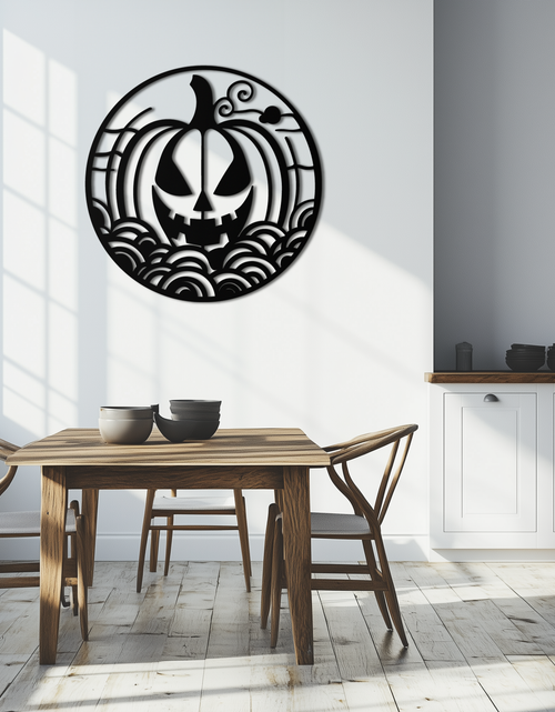 Load image into Gallery viewer, Pumpkin Halloween Silhouette Metal Wall Art – Spooky Round Black Decor- KAF327
