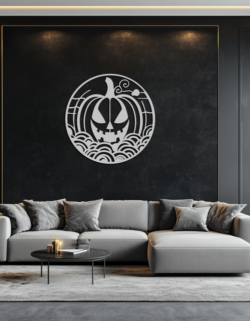 Load image into Gallery viewer, Pumpkin Halloween Silhouette Metal Wall Art – Spooky Round Black Decor- KAF327
