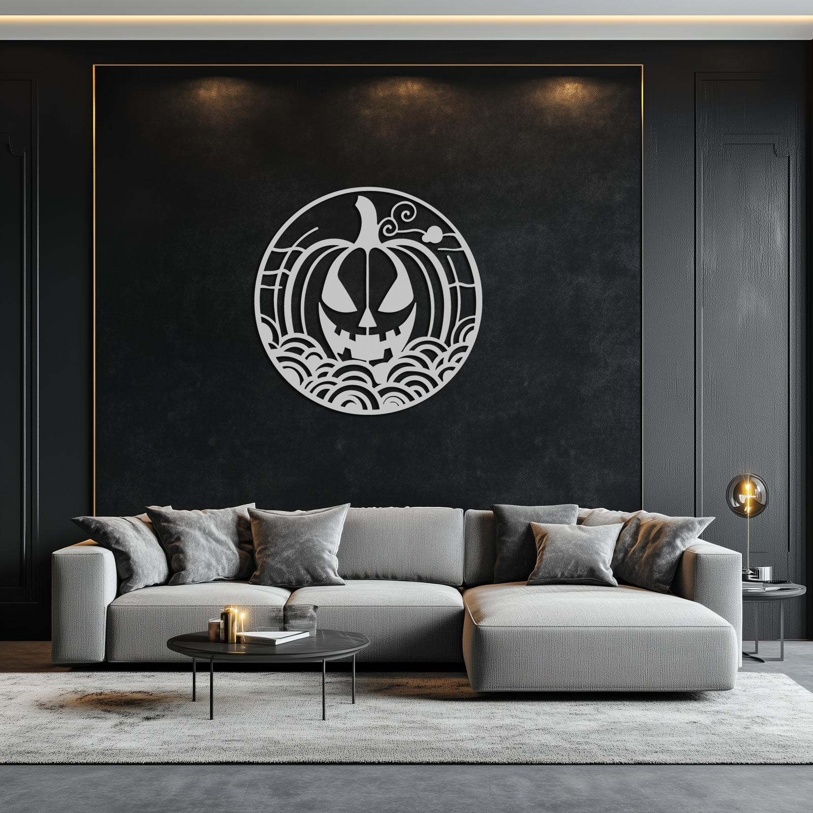 Pumpkin Halloween Silhouette Metal Wall Art – Spooky Round Black Decor- KAF327