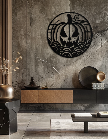 Balkabağı Cadılar Bayramı Silüeti Metal Duvar Sanatı – Ürkütücü Yuvarlak Siyah Dekor- KAF327