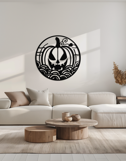 Load image into Gallery viewer, Pumpkin Halloween Silhouette Metal Wall Art – Spooky Round Black Decor- KAF327
