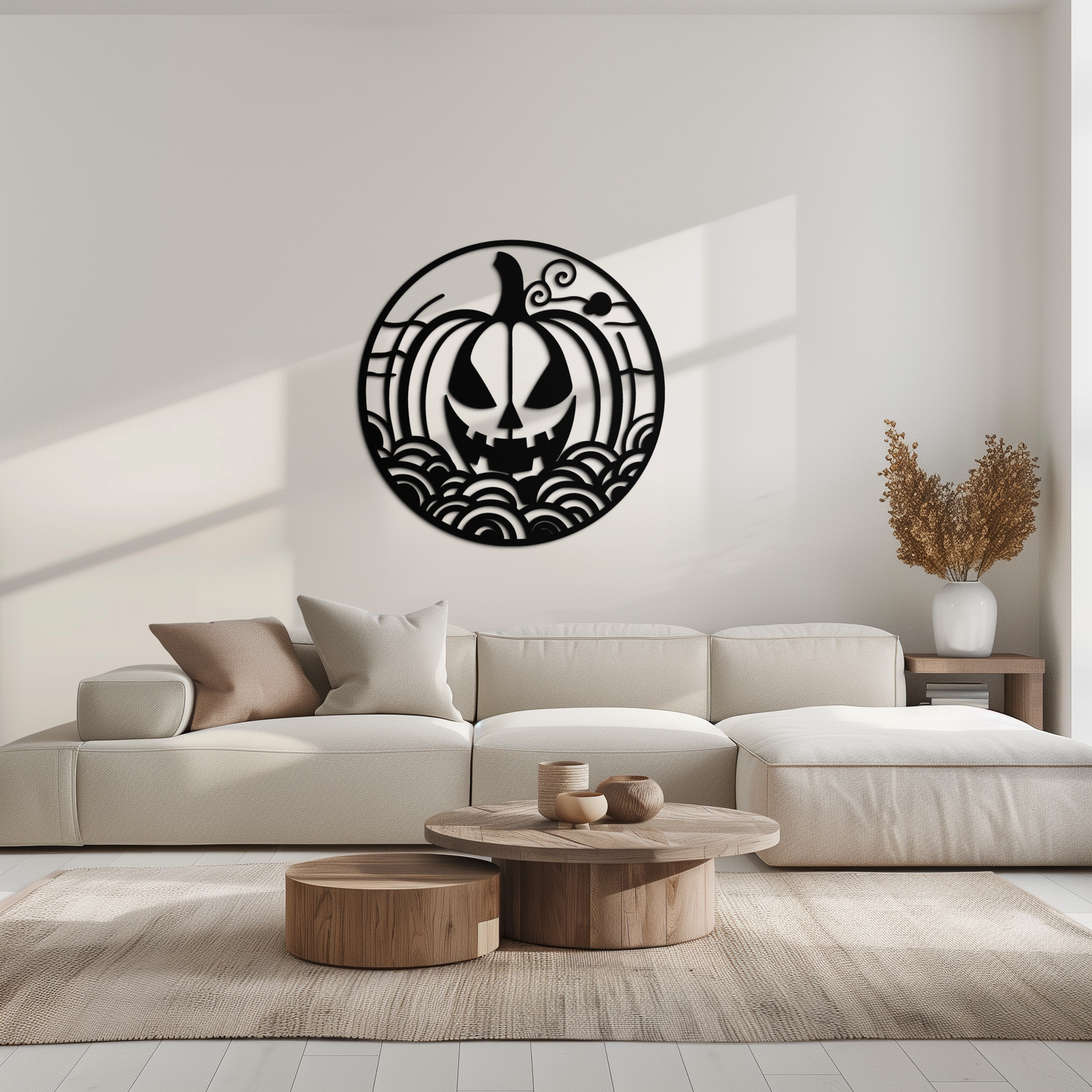 Pumpkin Halloween Silhouette Metal Wall Art – Spooky Round Black Decor- KAF327