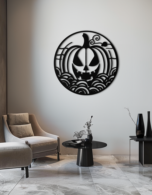 Load image into Gallery viewer, Pumpkin Halloween Silhouette Metal Wall Art – Spooky Round Black Decor- KAF327
