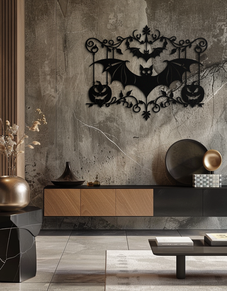 Cadılar Bayramı Yarasa Balkabağı Metal Duvar Sanatı – Ürkütücü Jack-O'-Lantern Çelik Dekor- KAF328