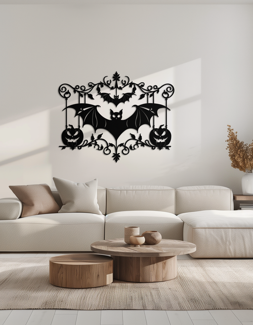 Load image into Gallery viewer, Halloween Bat Pumpkin Metal Wall Art – Spooky Jack-O&#39;-Lantern Steel Decor- KAF328
