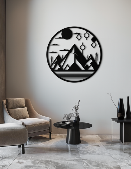 Soyut Dağ Metal Duvar Sanatı – Modern İç Mekanlar İçin Geometrik Dağ Silüeti Çelik Dekoru- KAF336