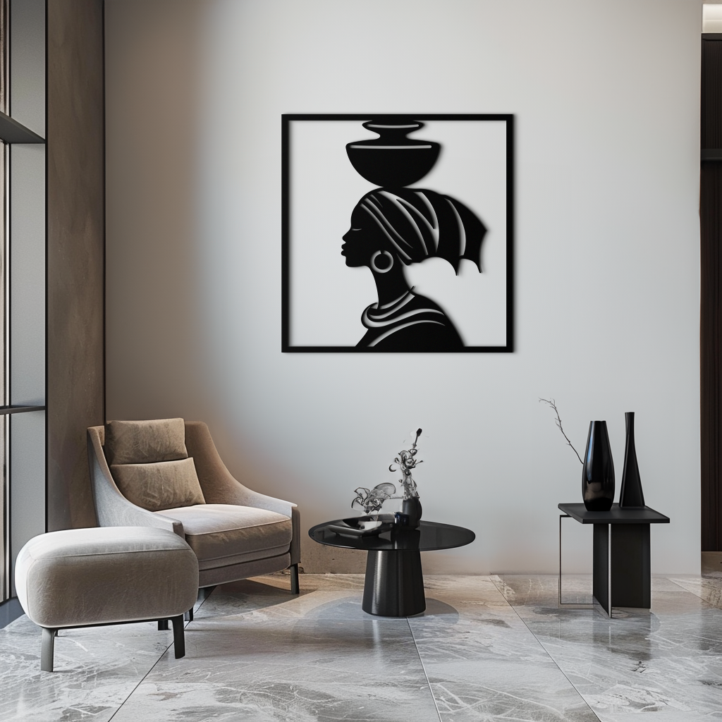 African Woman Metal Wall Art – Elegant Tribal Silhouette Steel Decor for Cultural and Boho Interiors- KAF338
