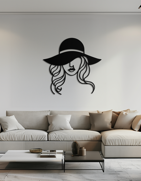 Şapka Kadın Metal Duvar Sanatı – Geniş Kenarlı Şapka ile Zarif Kadın Silüeti Çelik Dekor- KAF341