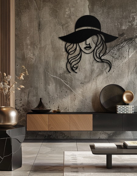 Şapka Kadın Metal Duvar Sanatı – Geniş Kenarlı Şapka ile Zarif Kadın Silüeti Çelik Dekor- KAF341