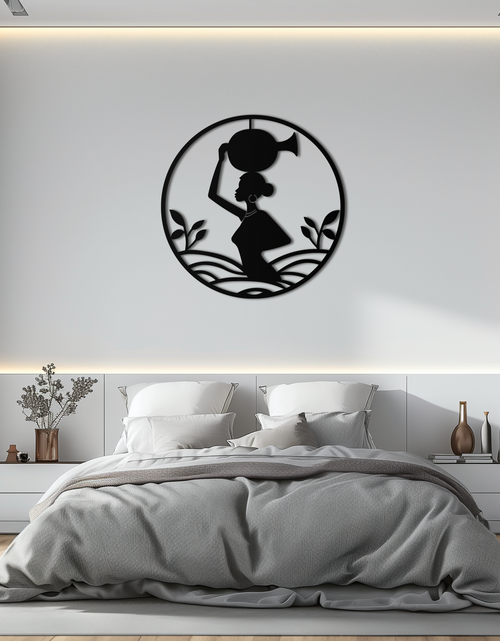 Load image into Gallery viewer, African Woman Carrying Vase Metal Wall Art – Tribal Silhouette Steel Decor for Cultural and Ethnic Interiors- KAF342
