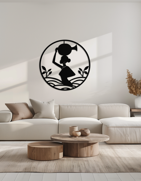 Vazo Taşıyan Afrikalı Kadın Metal Duvar Sanatı – Kültürel ve Etnik İç Mekanlar İçin Kabile Silüeti Çelik Dekoru- KAF342