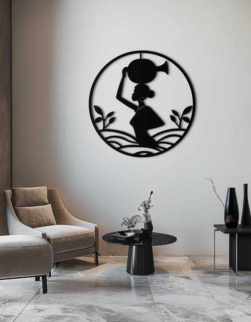 Load image into Gallery viewer, African Woman Carrying Vase Metal Wall Art – Tribal Silhouette Steel Decor for Cultural and Ethnic Interiors- KAF342
