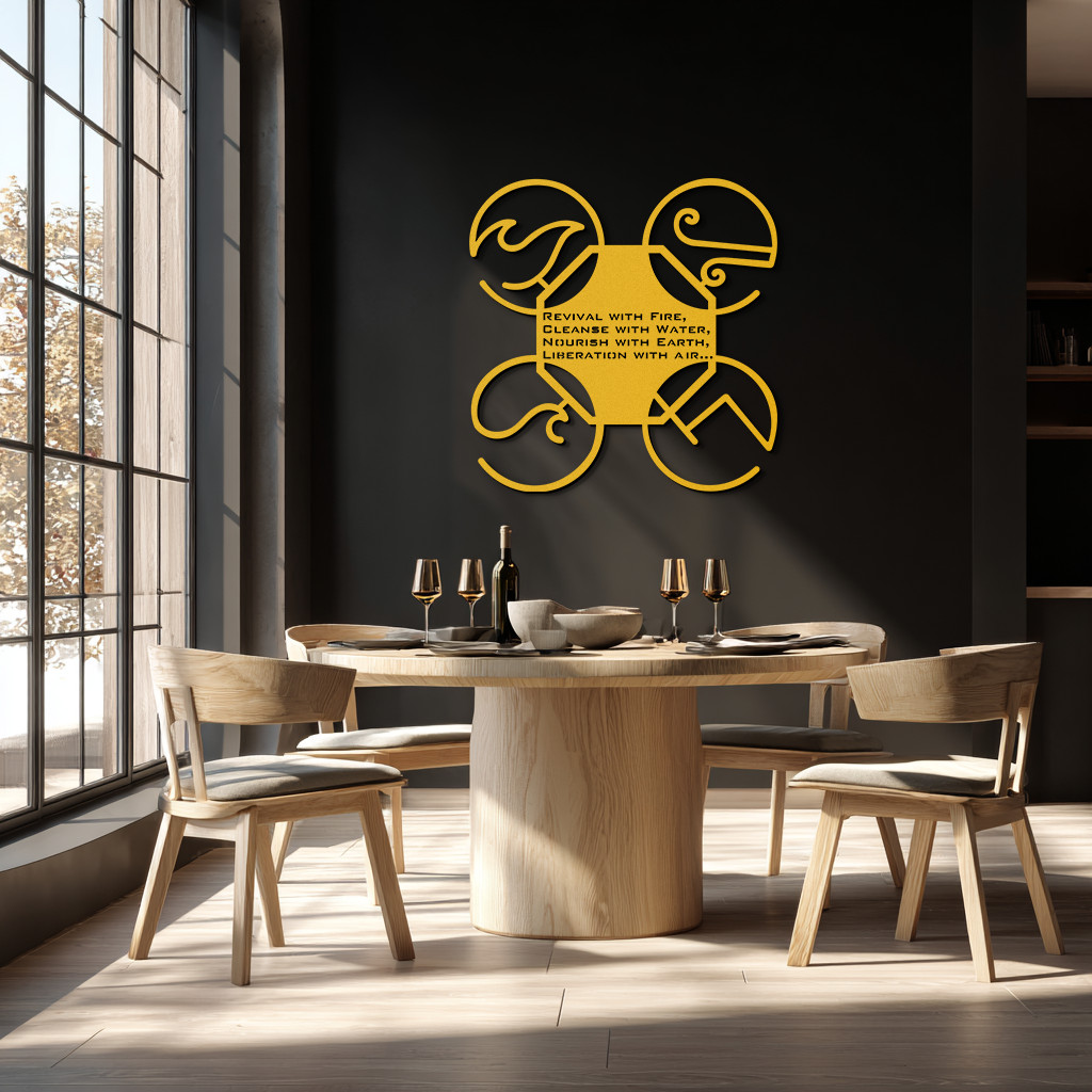 Four Elements Motto Metal Wall Art – Earth, Air, Fire, Water Steel Silhouette for Modern Spiritual Decor- KAF344