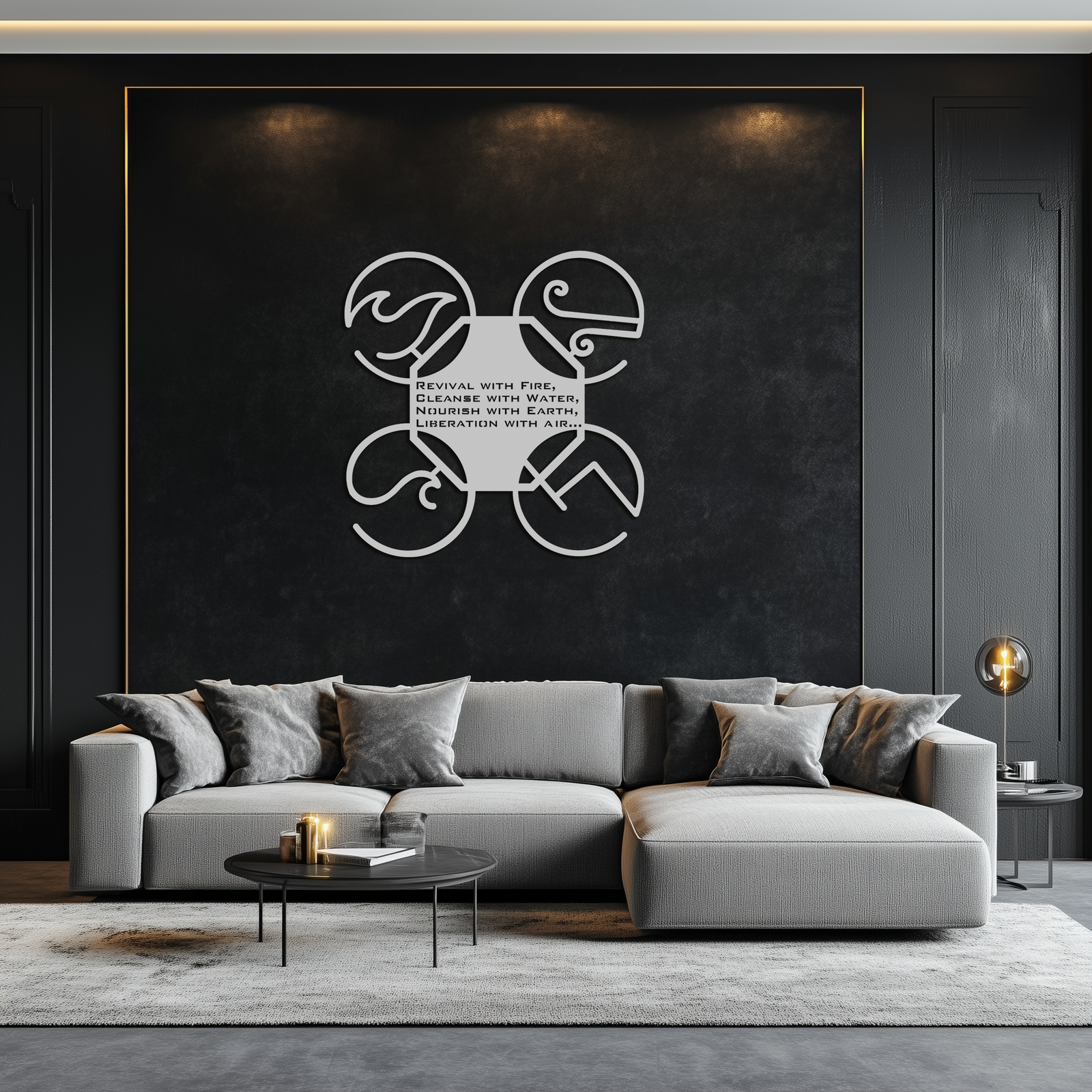 Dört Element Motto Metal Duvar Sanatı – Toprak, Hava, Ateş, Su Modern Manevi Dekor İçin Çelik Siluet - KAF344