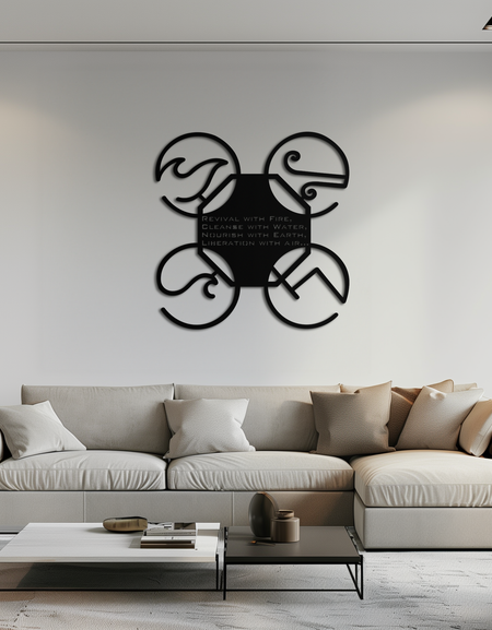 Four Elements Motto Metal Wall Art – Earth, Air, Fire, Water Steel Silhouette for Modern Spiritual Decor- KAF344