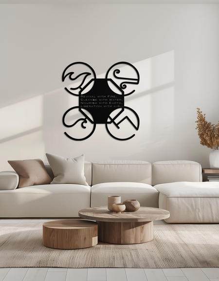 Four Elements Motto Metal Wall Art – Earth, Air, Fire, Water Steel Silhouette for Modern Spiritual Decor- KAF344