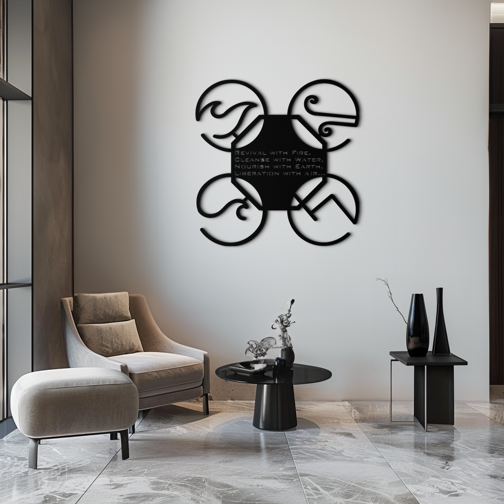 Dört Element Motto Metal Duvar Sanatı – Toprak, Hava, Ateş, Su Modern Manevi Dekor İçin Çelik Siluet - KAF344