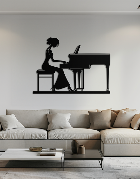 Piyanist Kadın Metal Duvar Sanatı – Modern Ev Dekoru İçin Zarif Müzik Esintili Çelik Silueti - KAF345