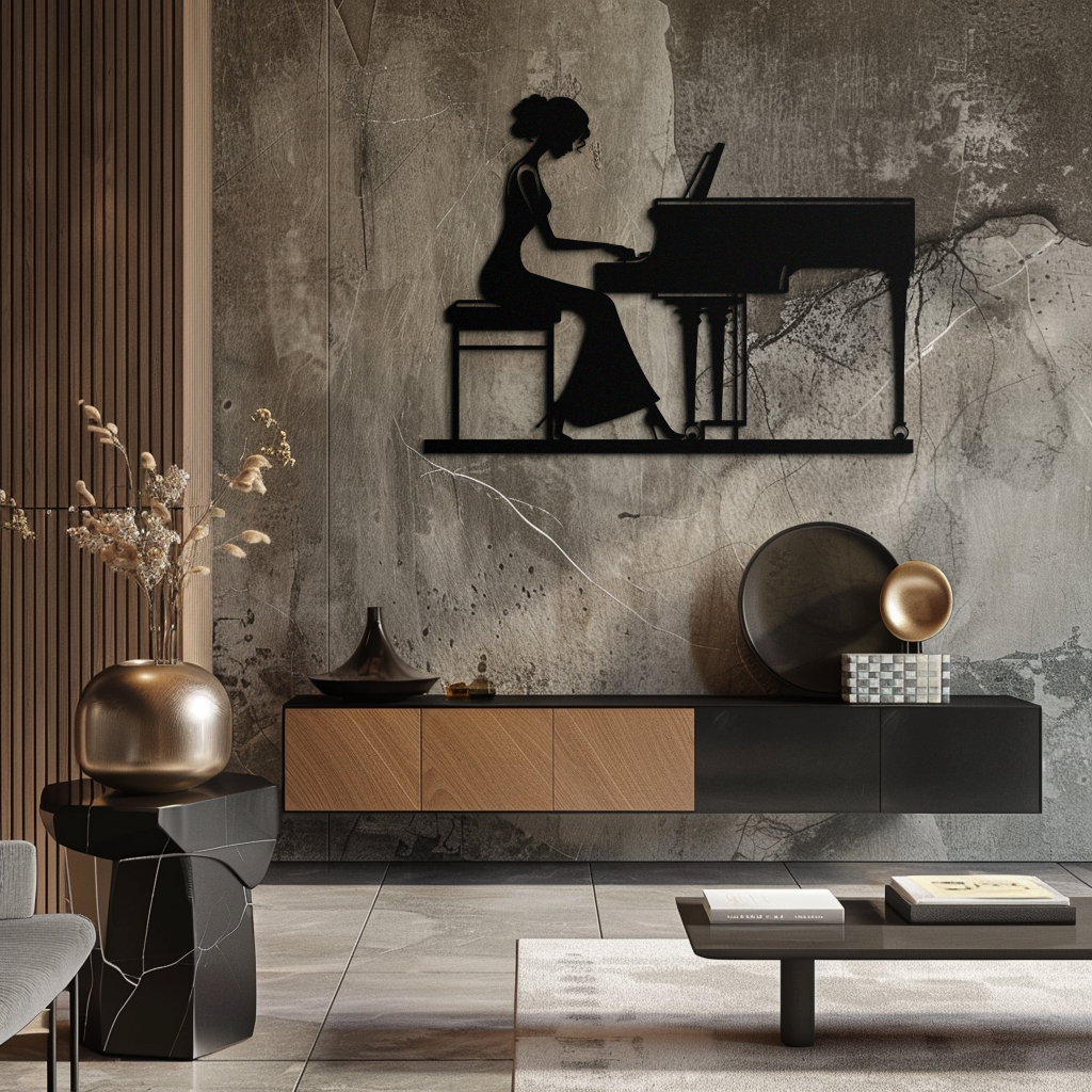 Pianist Woman Metal Wall Art – Elegant Music-Inspired Steel Silhouette for Modern Home Decor- KAF345