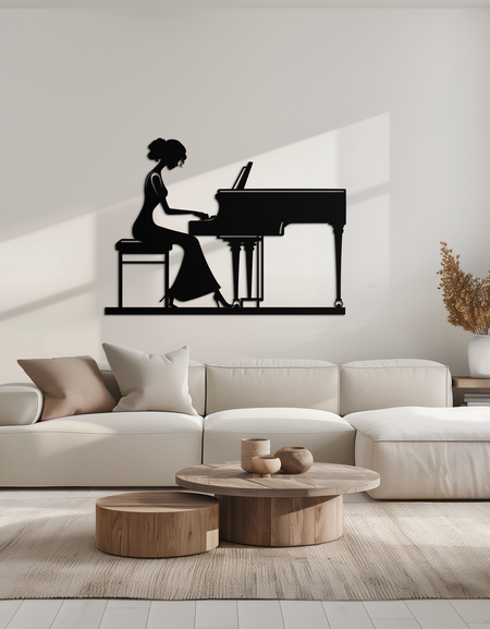 Piyanist Kadın Metal Duvar Sanatı – Modern Ev Dekoru İçin Zarif Müzik Esintili Çelik Silueti - KAF345
