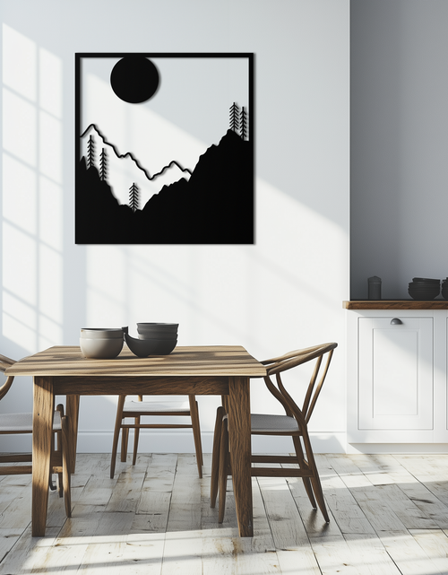 Load image into Gallery viewer, Moonlit Mountain Landscape Metal Wall Art – Modern Square Forest Scene Silhouette for Rustic Nature Decor- KAF346
